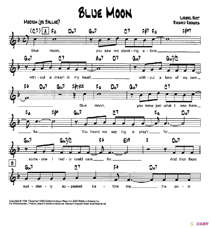 降B爵士乐谱：BLUE MOON