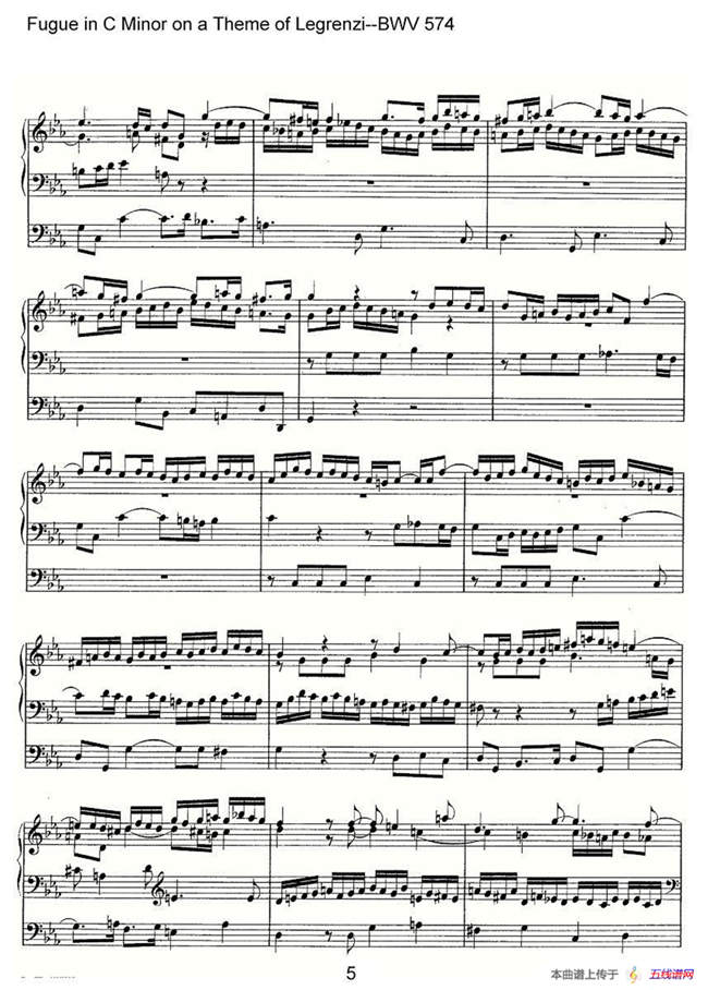 Fugue in C Minor on a Theme of Legrenzi--BWV 574（管风琴谱）