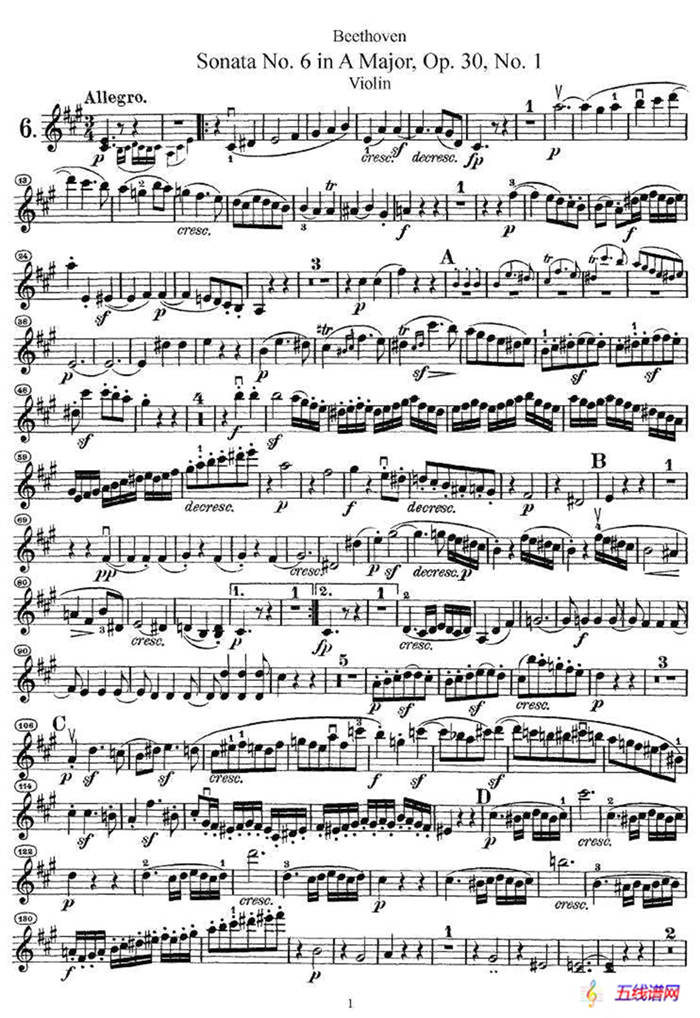 Sonata No.6 in A Major，Op.30，No.1（第六号小提琴奏鸣曲A大调op.）