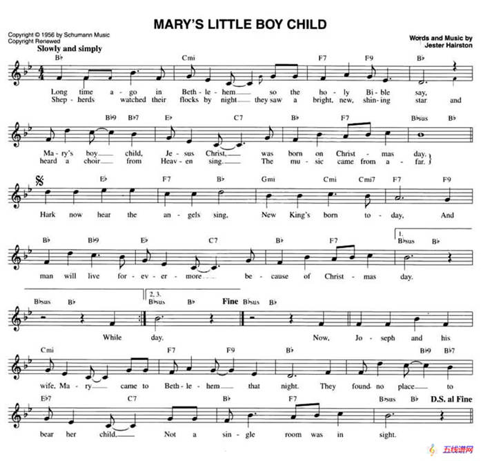 MARY'S LITTLE BOY CHILD（五线谱）