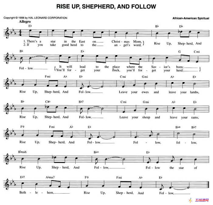 RISE UP' SHEPHERD, AND FOLLOW（五线谱）