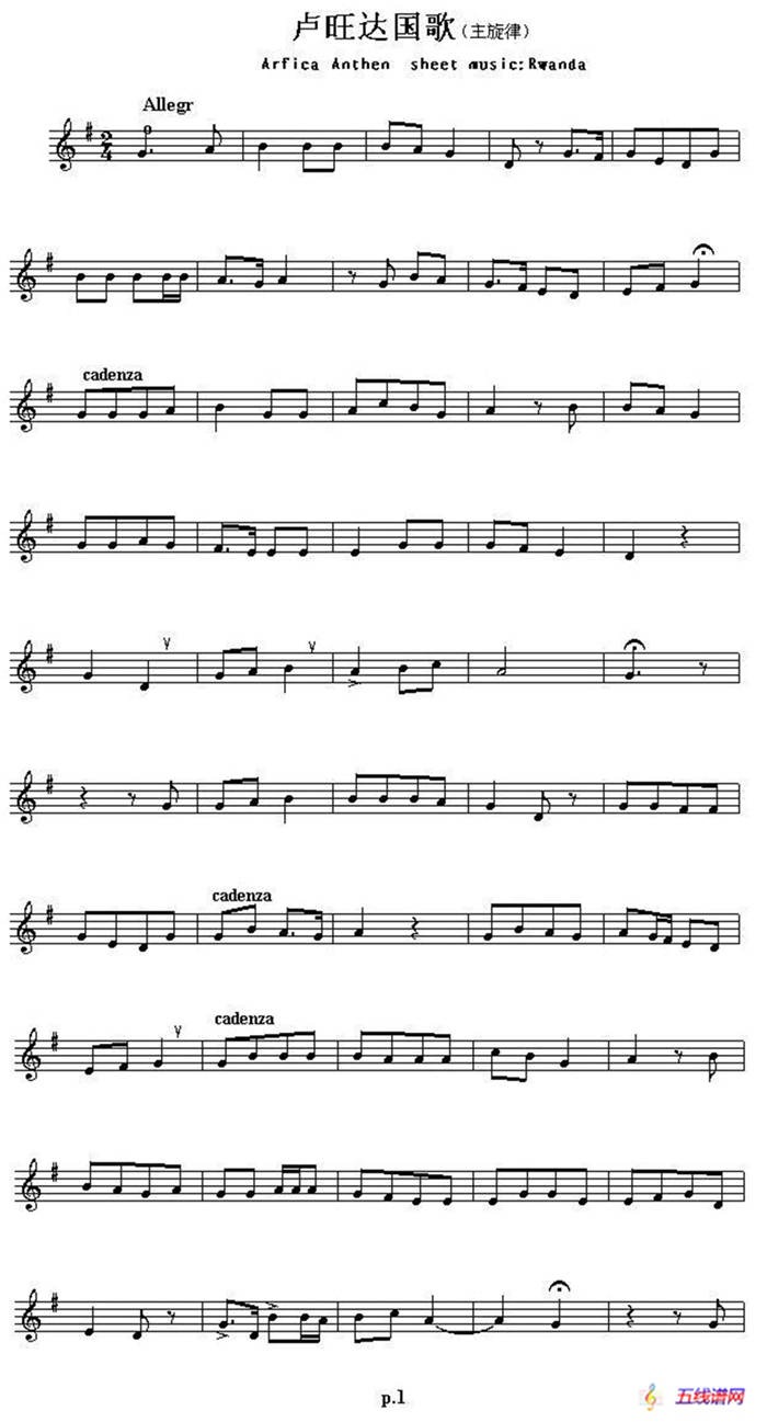 各国国歌主旋律：卢旺达（Arfica Anthem sheet musec:Rwanda）