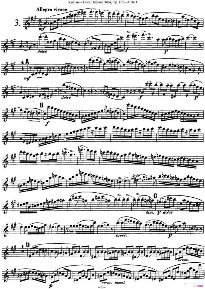 库劳长笛二重奏练习三段OP.102——Flute 1（NO.3）