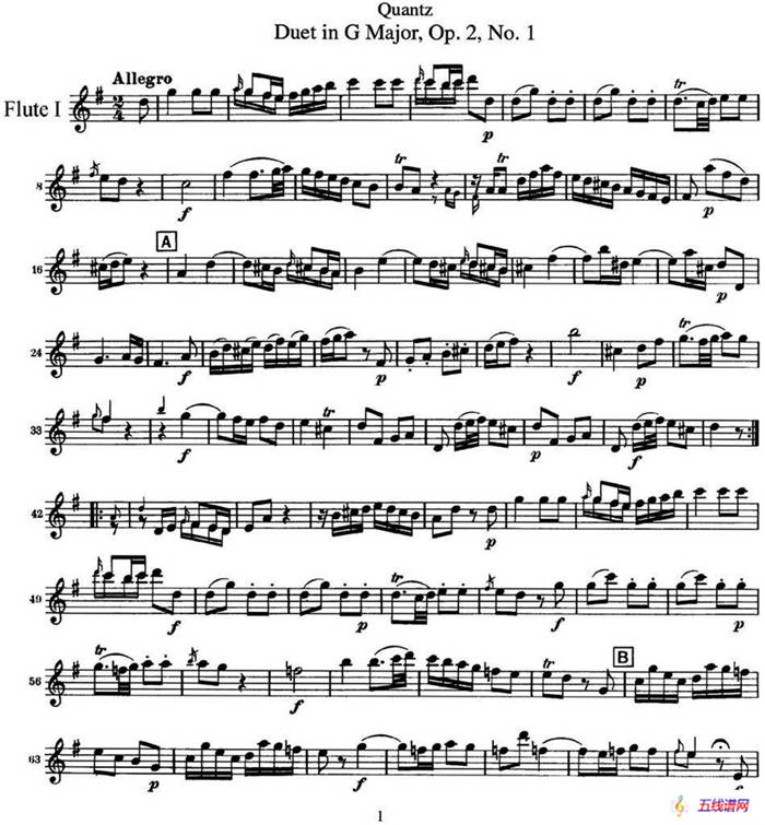 匡茨G大调长笛二重奏Op.2——Flute 1（No.1）