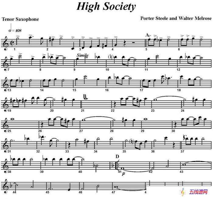 High Society（四重奏·次中音萨克斯分谱）