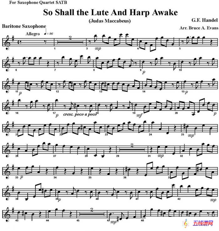 So Shall the Lute And Harp Awake（四重奏·上低音萨克斯分谱）
