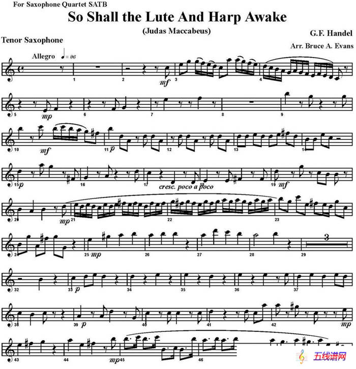 So Shall the Lute And Harp Awake（四重奏·次中音萨克斯分谱）