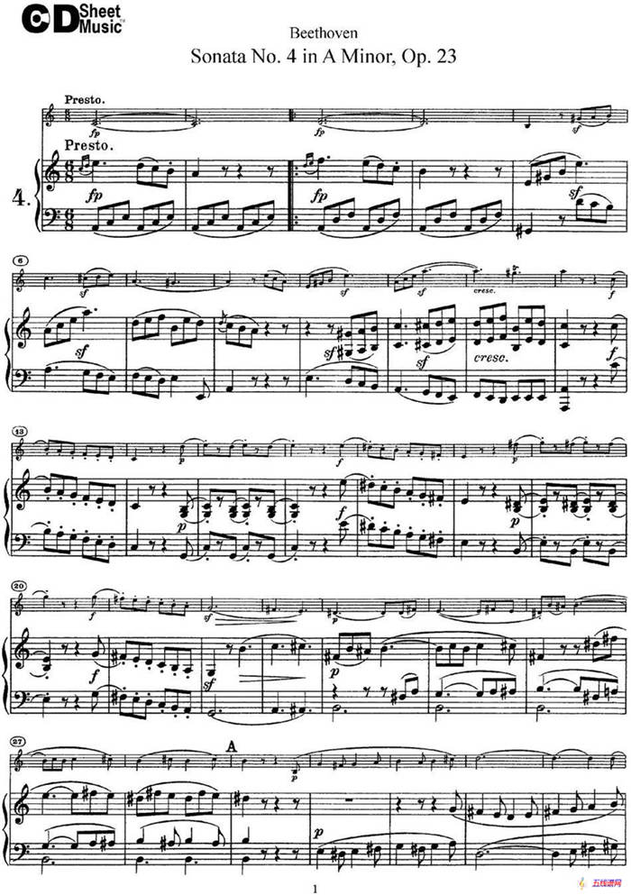 Violin Sonata No.4 in A Minor Op.23（小提琴+钢琴伴奏）