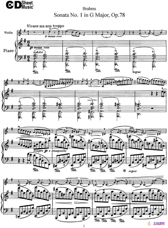 Violin Sonata No.1 in G Major Op.78（小提琴+钢琴伴奏）