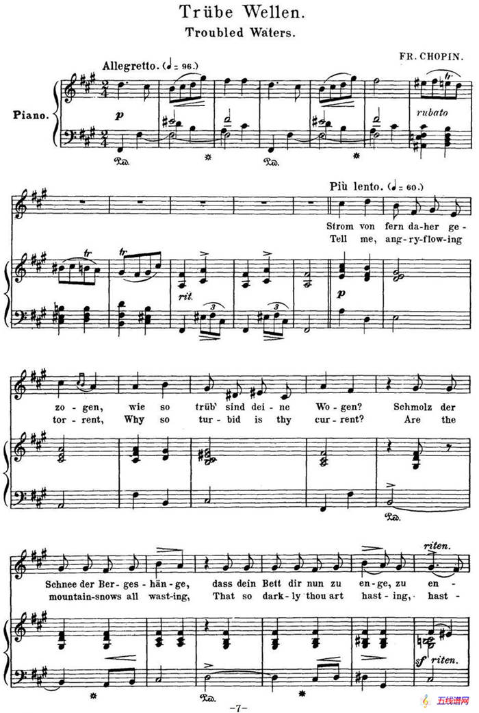 Chopin-17 Polish Songs Op.74，No.3（Trube Wellen. Troubled Waters.）（钢琴伴奏谱）