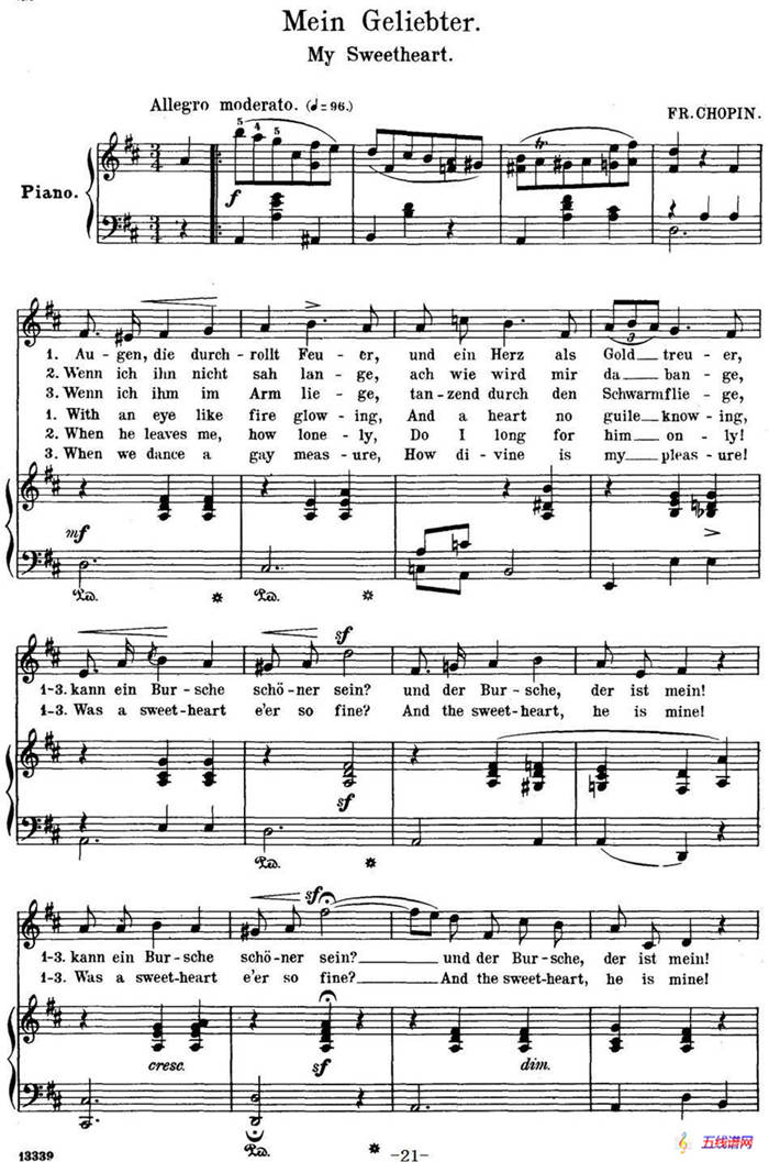 Chopin-17 Polish Songs Op.74，No.8（Mein Geliebter. My Sweetheart.）（钢琴伴奏谱）