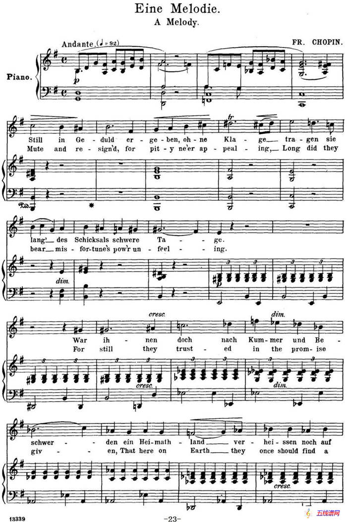 Chopin-17 Polish Songs Op.74，No.9（Eine Melodie. A Melody.）（钢琴伴奏谱）