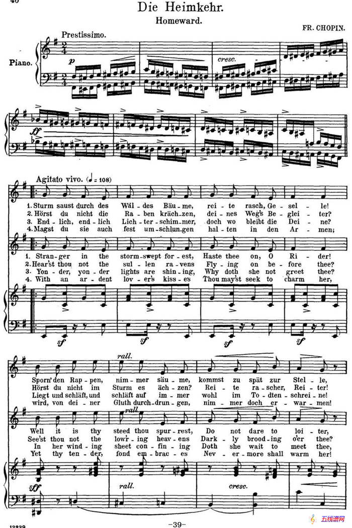 Chopin-17 Polish Songs Op.74，No.15（Die Heinmkehr. Homeward.）（钢琴伴奏谱）
