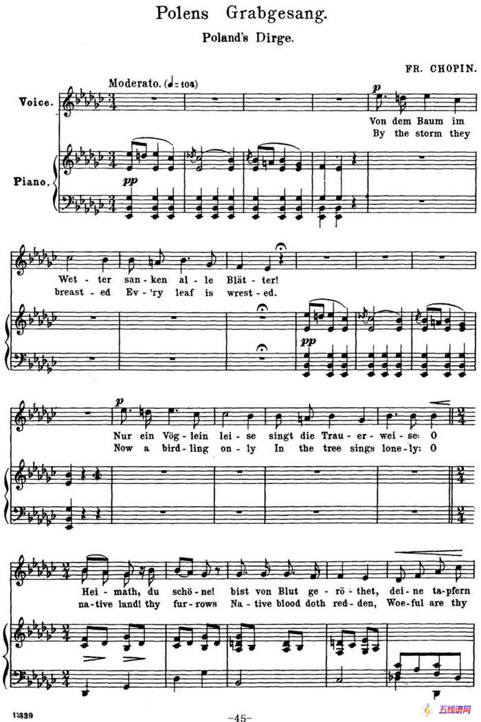 Chopin-17 Polish Songs Op.74，No.17（Polens Grabgesang. Poland's Dirge.）（钢琴伴奏谱）