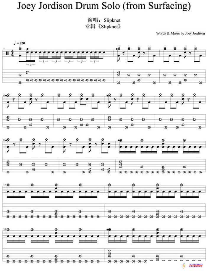 爵士鼓谱：Joey Jordison - Drum Solo（from Surfacing）