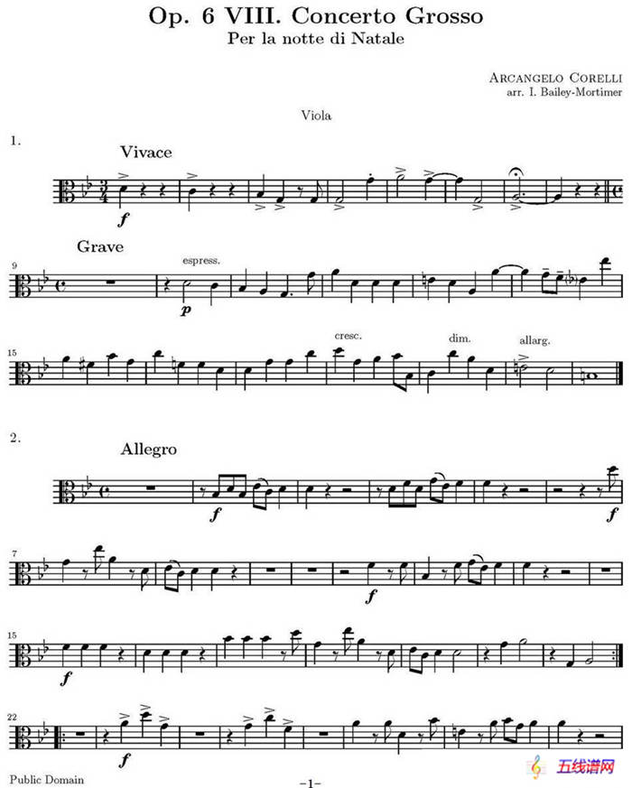 Op.6 VIII. Concerto Grosso（大协奏曲）（四重奏中提琴分谱）
