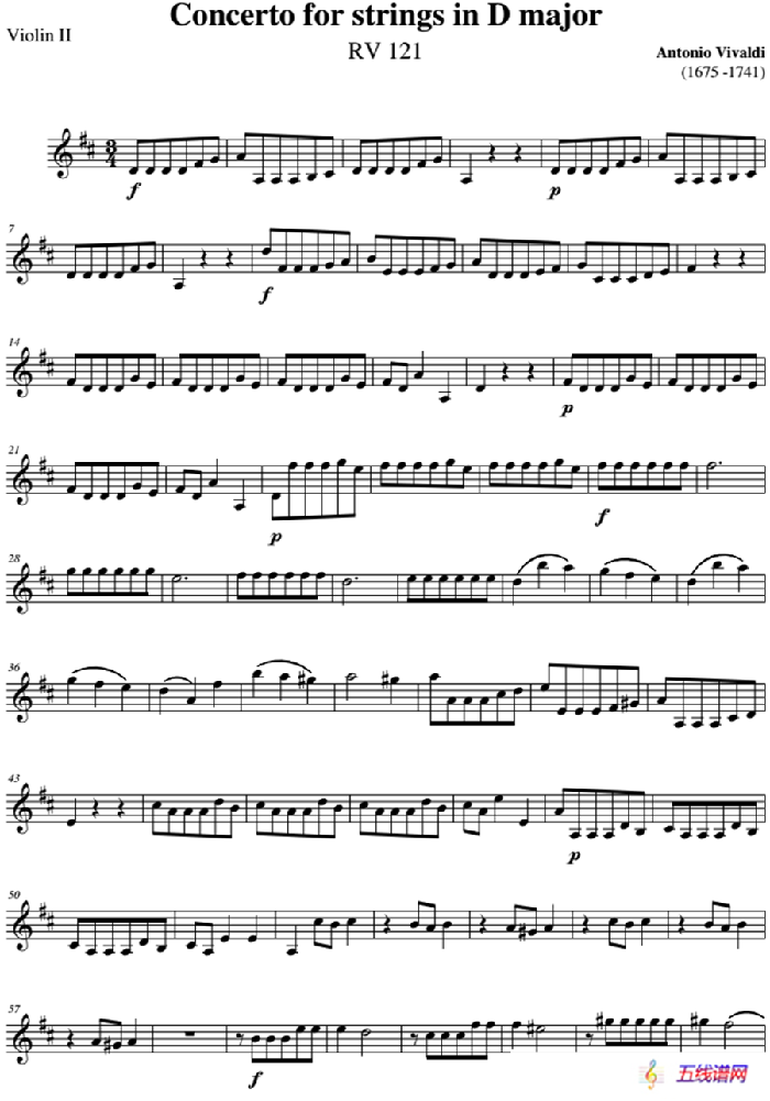 Concerto for strings in D Major（RV121、Violin Ⅱ分谱）