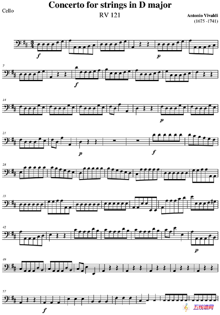 Concerto for strings in D Major（RV121、Cello分谱）