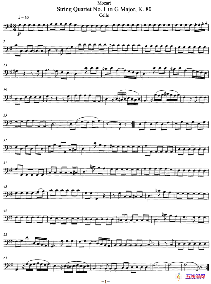 Mozart《String Quartet No.1 in G Major,K.80》（Cello分谱）