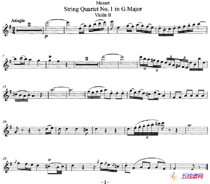 Mozart《String Quartet No.1 in G Major,K.80》（Violin Ⅱ分谱）