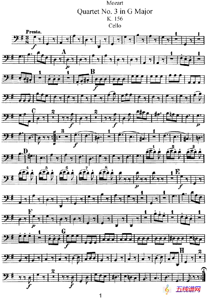 Mozart《Quartet No.3 in G Major,K.156》（Cello分谱）