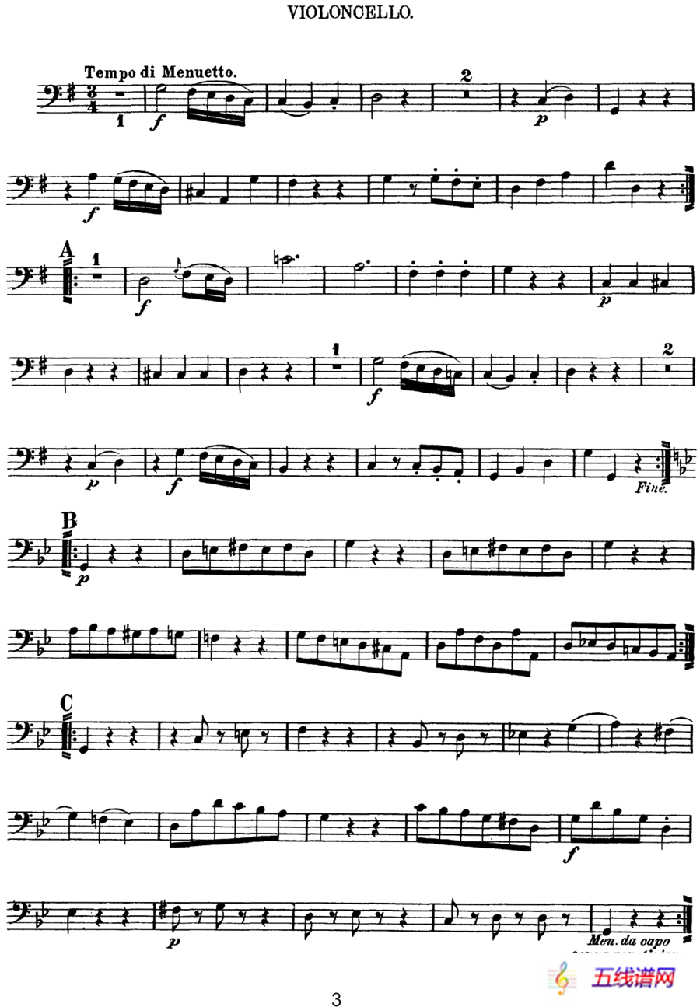 Mozart《Quartet No.3 in G Major,K.156》（Cello分谱）