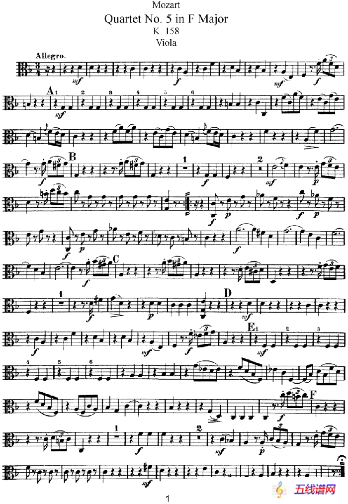 Mozart《Quartet No.5 in F Major,K.158》（Viola分谱）