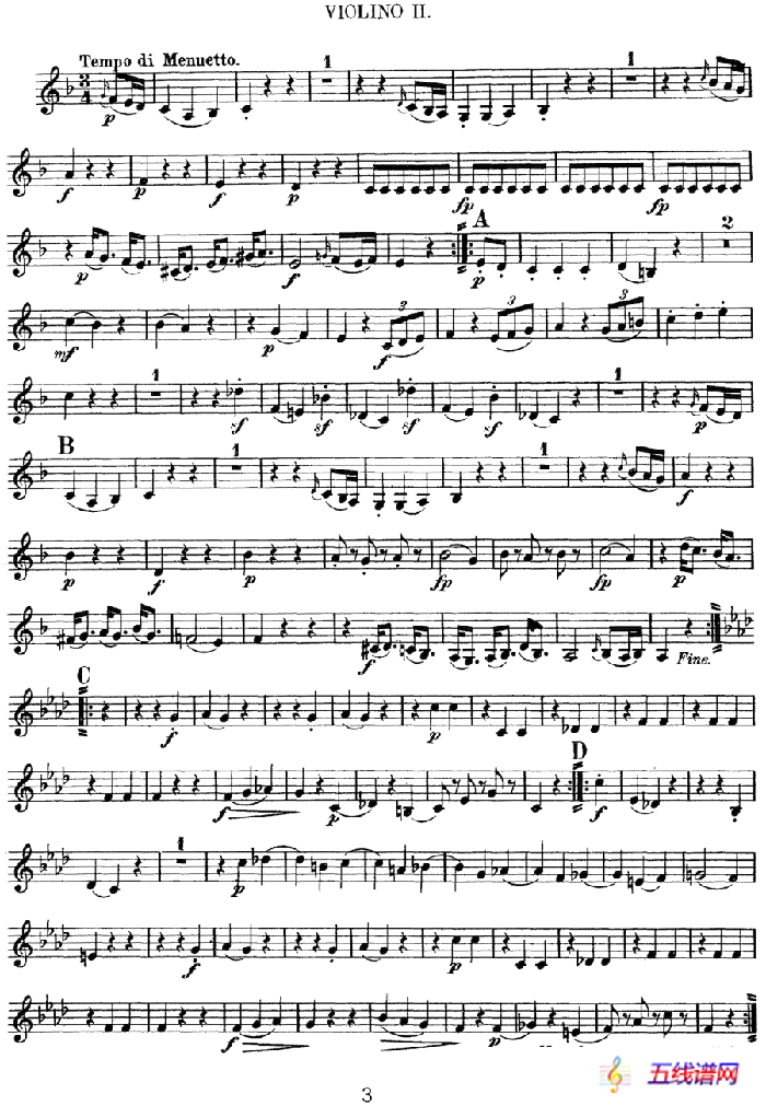 Mozart《Quartet No.5 in F Major,K.158》（Violin 2分谱）