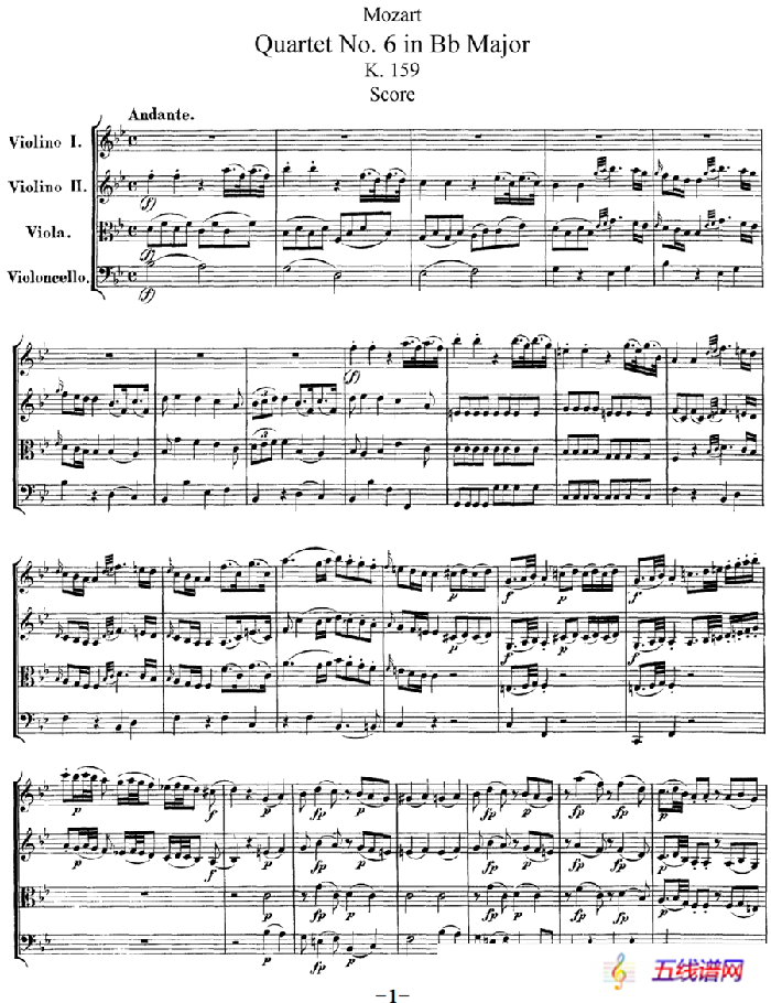 Mozart《Quartet No.6 in Bb Major,K.159》（总谱）