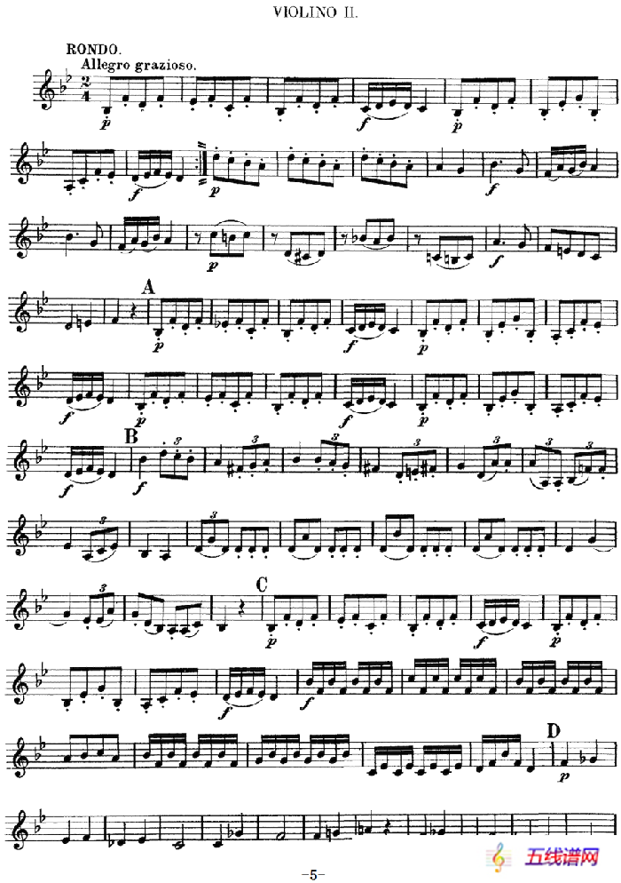 Mozart《Quartet No.6 in Bb Major,K.159》（Violin 2分谱）