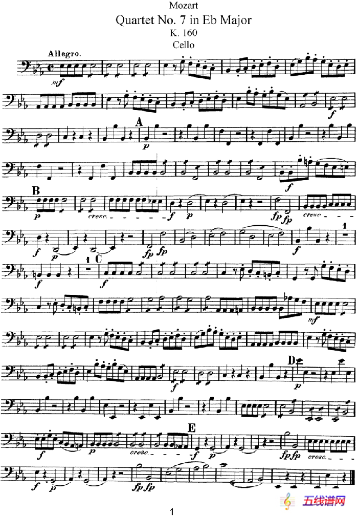 Mozart《Quartet No.7 in Eb Major,K.160》（Cello分谱）