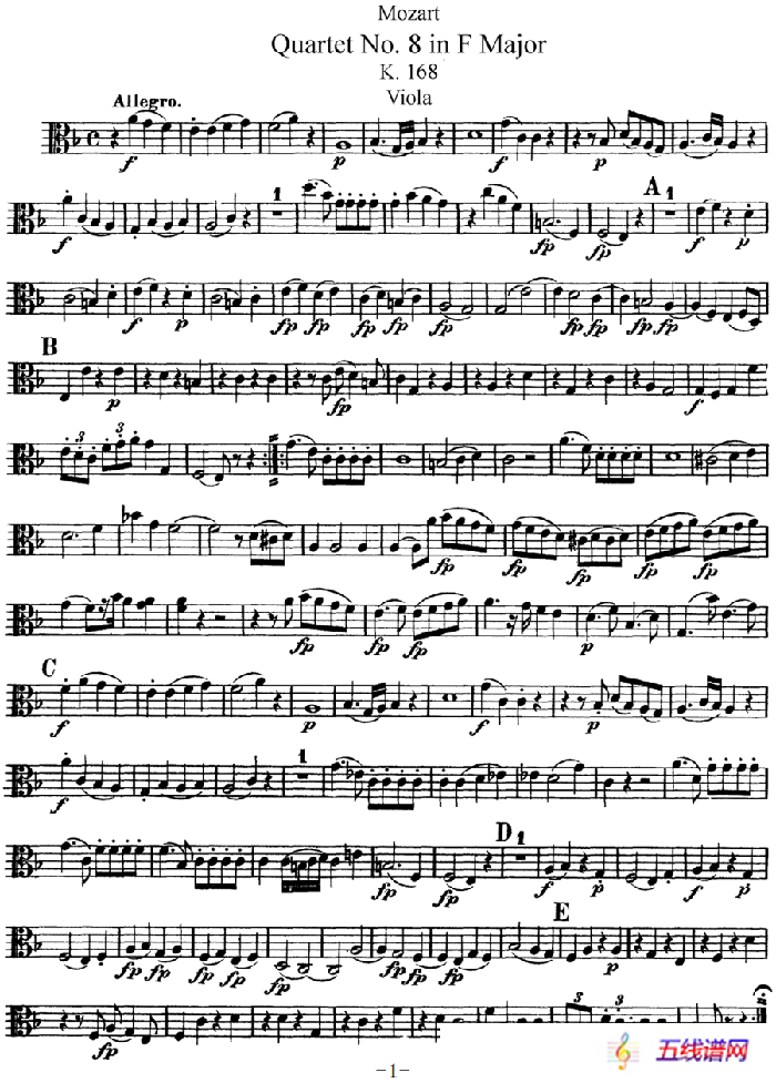 Mozart《Quartet No.8 in F Major,K.168》（Viola分谱）