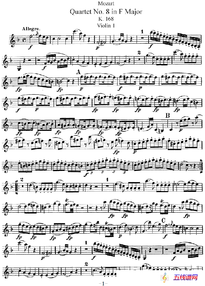 Mozart《Quartet No.8 in F Major,K.168》（Violin 1分谱）