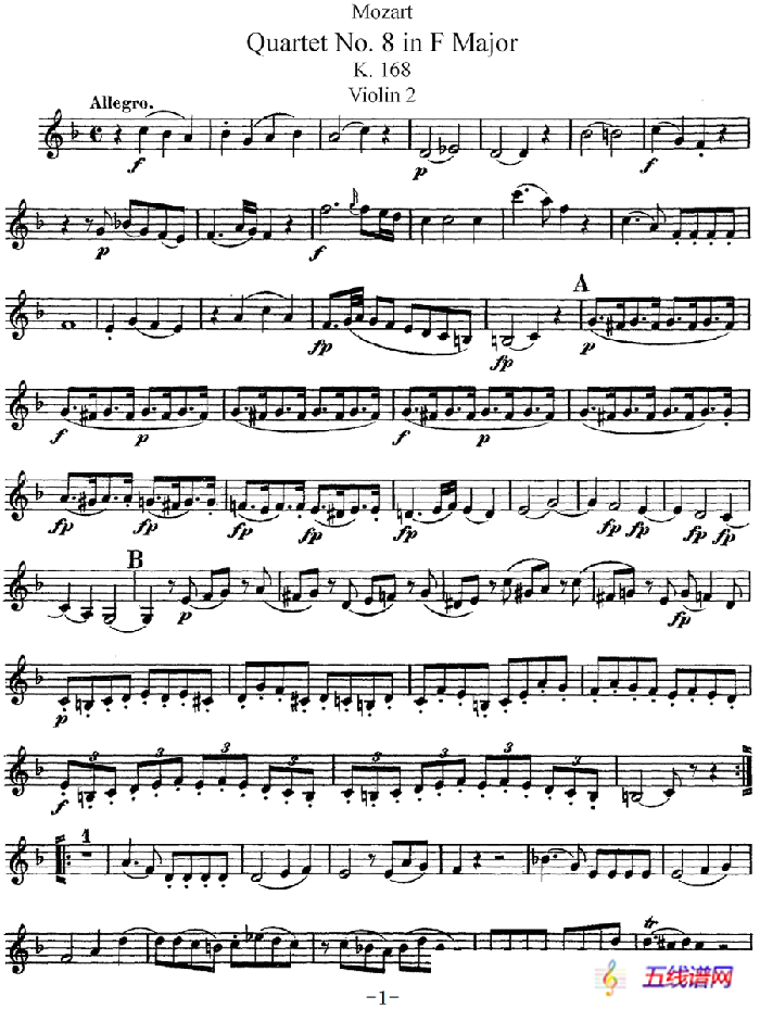 Mozart《Quartet No.8 in F Major,K.168》（Violin 2分谱）