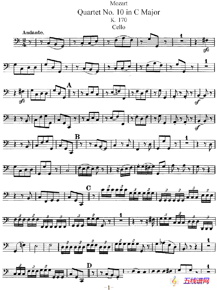 Mozart《Quartet No.10 in C Major,K.170》（Cello分谱）
