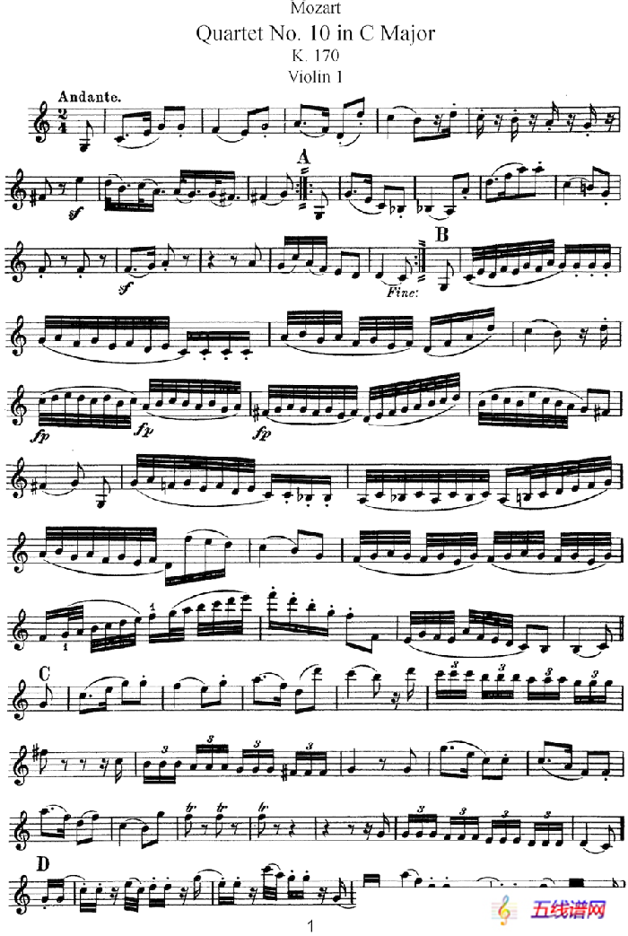 Mozart《Quartet No.10 in C Major,K.170》（Violin 1分谱）