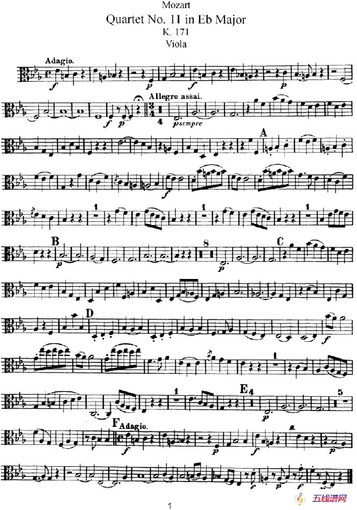 Mozart《Quartet No.11 in Eb Major,K.171》（Viola分谱）