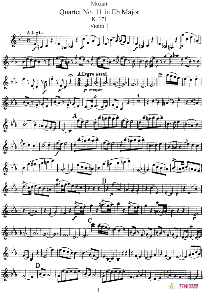Mozart《Quartet No.11 in Eb Major,K.171》（Violin 1分谱）