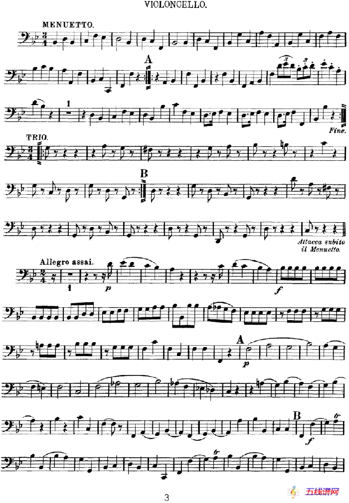Mozart《Quartet No.12 in Bb Major,K.172》（Cello分谱）