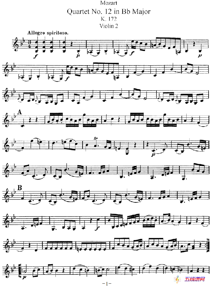 Mozart《Quartet No.12 in Bb Major,K.172》（Violin 2分谱）