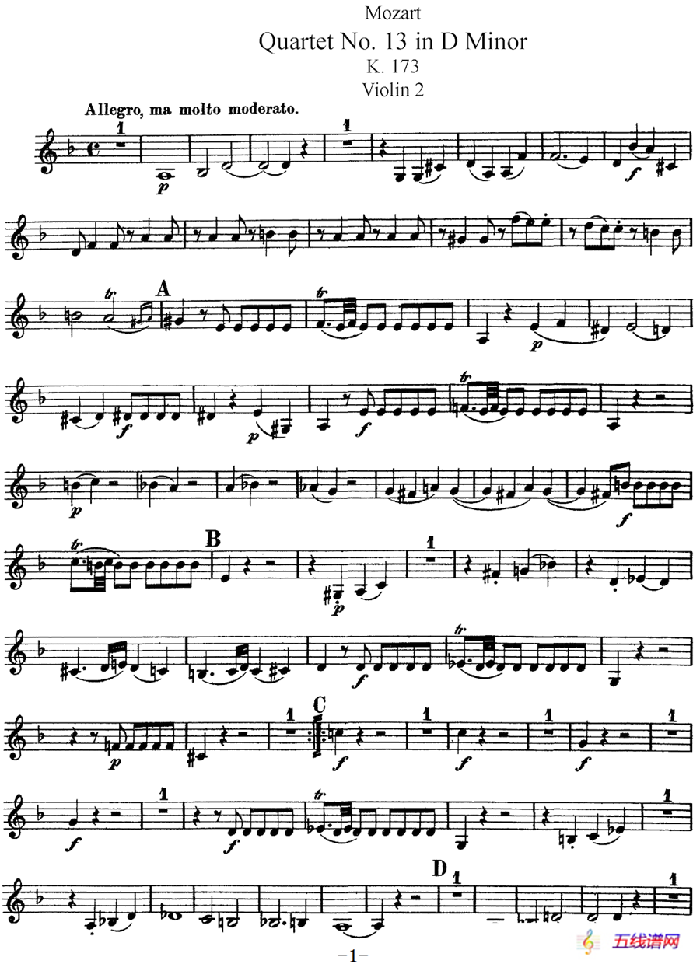 Mozart《Quartet No.13 in D Minor,K.173》（Violin 2分谱）