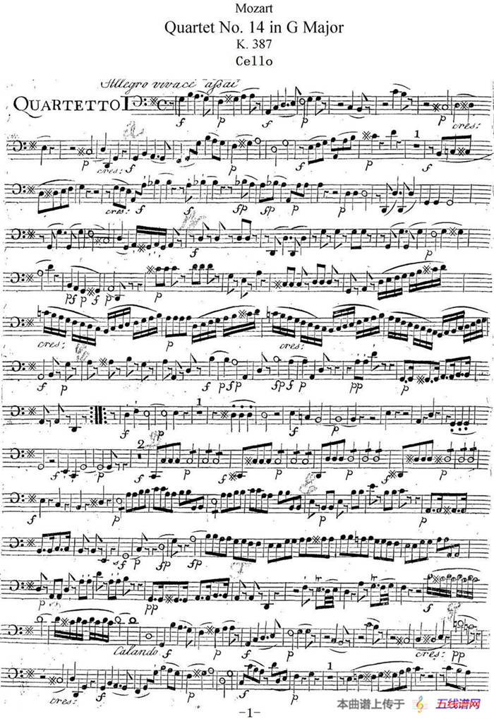 Mozart《Quartet No.14 in G Major,K.387》（Cello分谱）