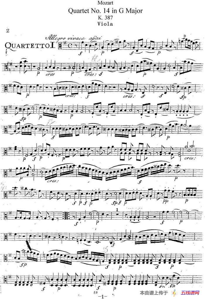 Mozart《Quartet No.14 in G Major,K.387》（Viola分谱）