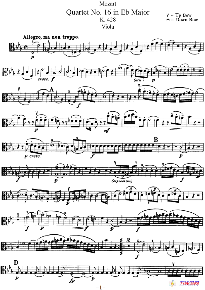 Mozart《Quartet No.16 in Eb Major,K.428》（Viola分谱）