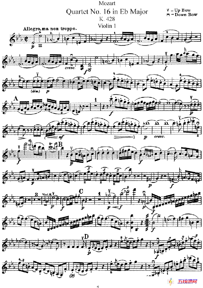 Mozart《Quartet No.16 in Eb Major,K.428》（Violin 1分谱）