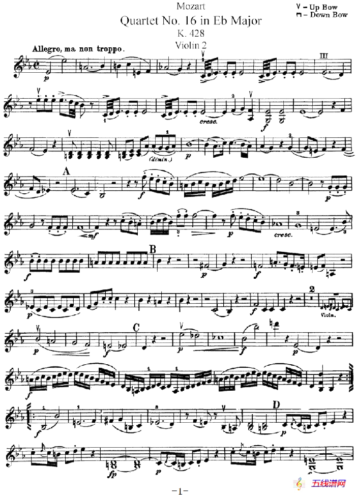 Mozart《Quartet No.16 in Eb Major,K.428》（Violin 2分谱）