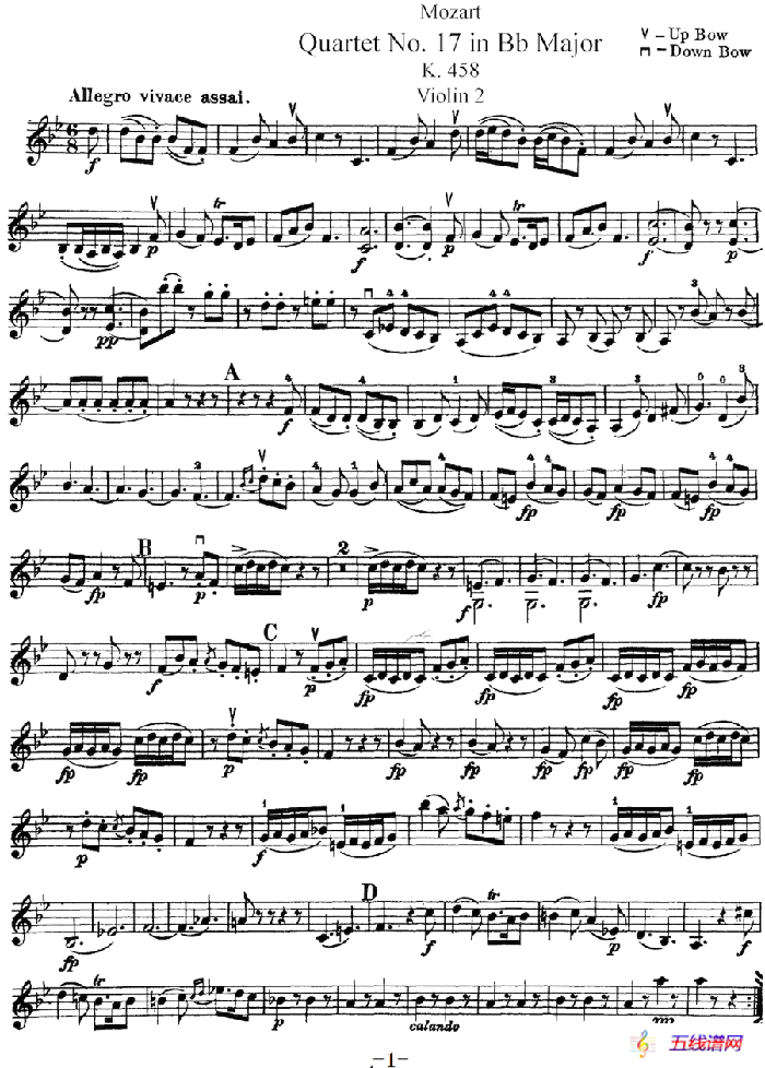 Mozart《Quartet No.17 in Bb Major,K.458》（Violin 2分谱）