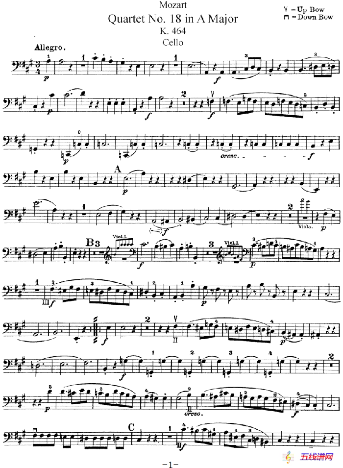 Mozart《Quartet No.18 in A Major,K.464》（Cello分谱）