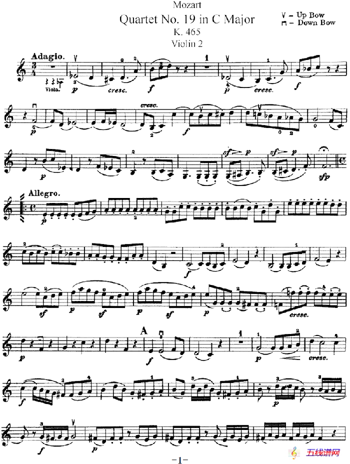 Mozart《Quartet No.19 in C Major,K.465》（Violin 2分谱）