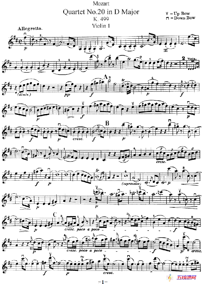 Mozart《Quartet No.20 in D Major,K.499》（Violin 1分譜）